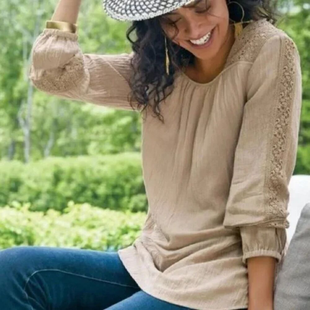 Soft Surroundings Asilah Blouse Women Large Tan 3/4 Sleeve MSRP:$79.95
